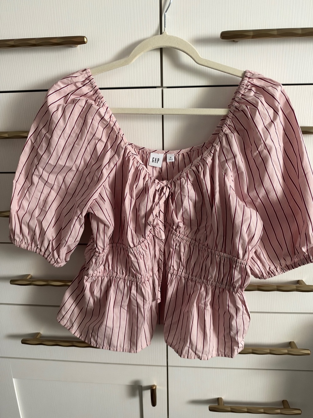 NWT Gap Pink Striped Puff Sleeve Peplum Top Size M